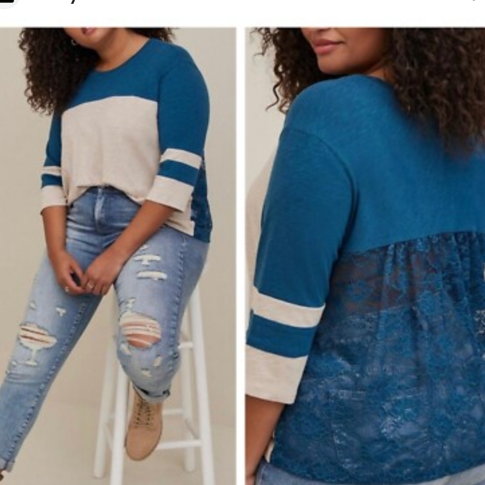 Torrid Lace Back Colorblock Top Teal Beige Striped Sleeve Tee Size 00 Or Size 10 - Picture 2 of 7